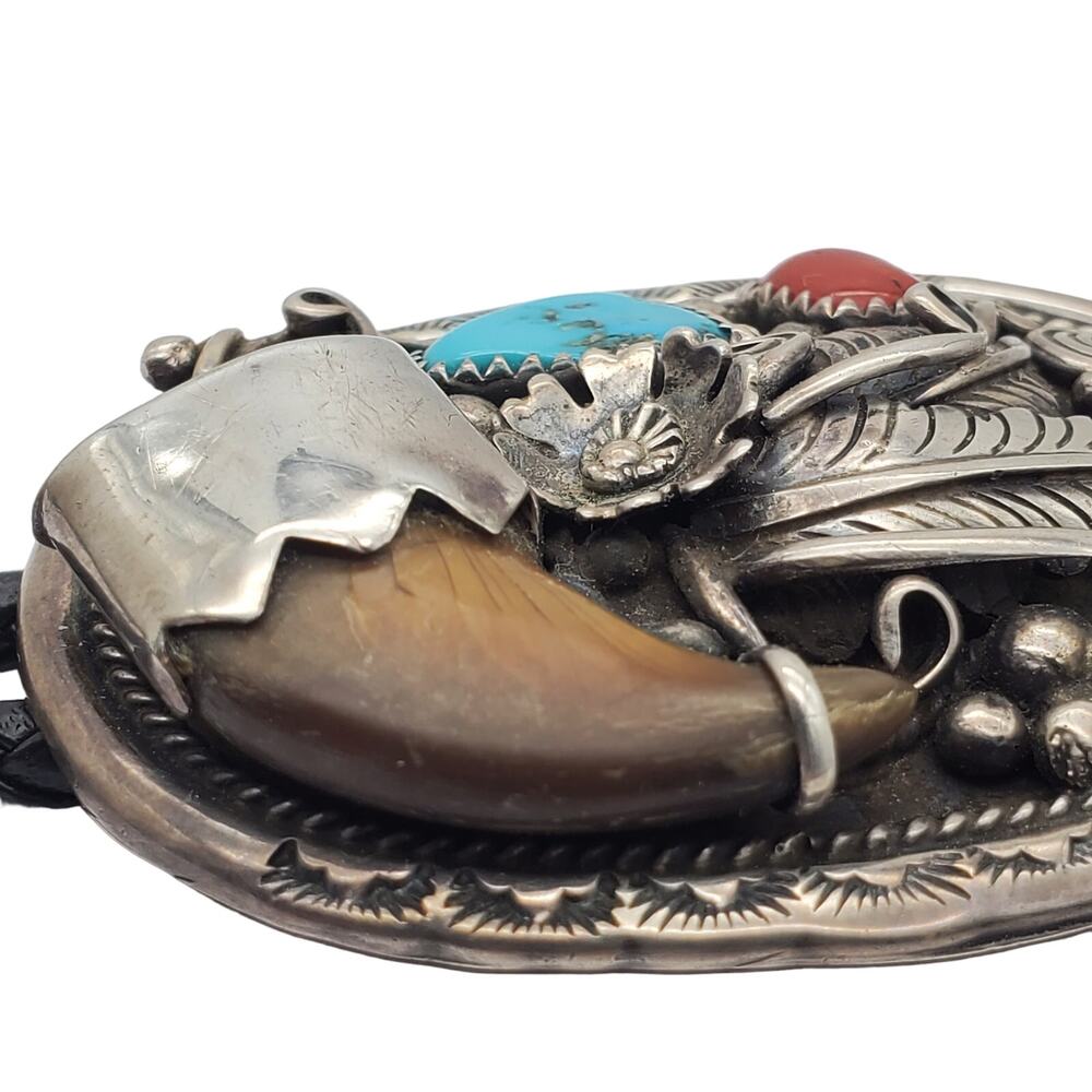 Navajo Sterling Silver Bolo Tie Turquoise Coral Native American Verdy Jake SW - Picture 13 of 13
